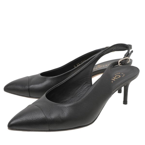 Chanel Black CC Cap Toe Pointed Slingback Pumps 39 Hot on Sale