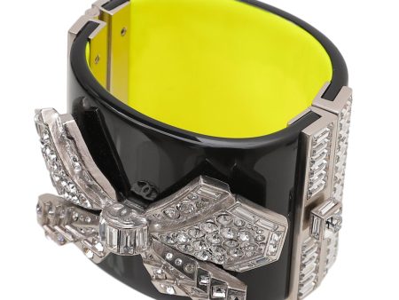 Chanel Bicolor Crystal Embellished Metal Bow Resin Wide Cuff Bracelet For Cheap