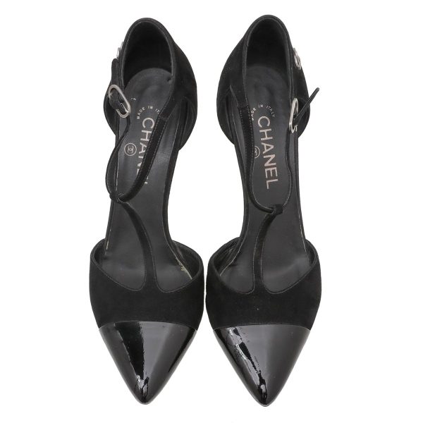 Chanel Black CC Cap Toe Chaus Ouvertes T Strap Pumps 40.5 Hot on Sale