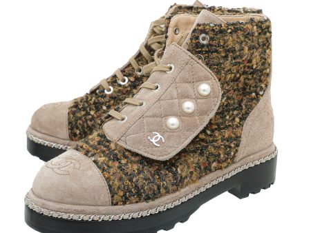 Chanel Brown Suede Wool Pearl Combat Boots 36.5 For Discount