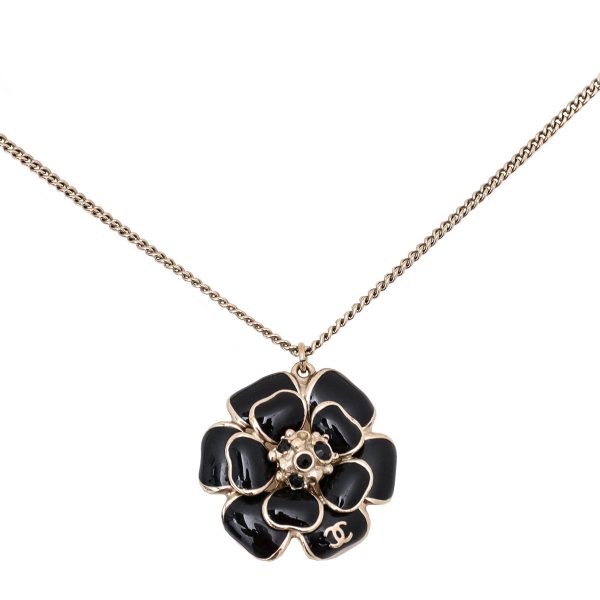 Chanel Black CC Crystal Enamel Camellia Pendant Necklace Hot on Sale