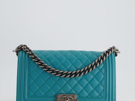 *FIR PRICE* Chanel Teal Blue Medium Boy Bag in Lambskin Leather with Ruthenium Hardware For Cheap