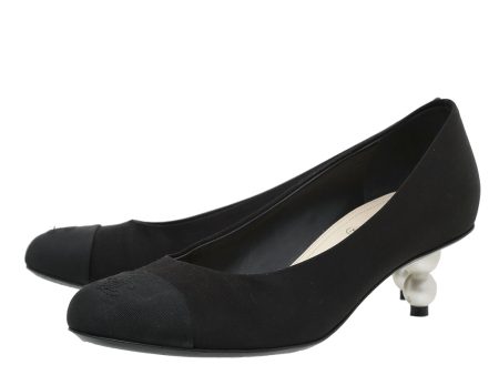 Chanel Black Satin CC Cap Toe Pearl Heel Pumps 37.5 Discount