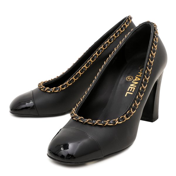 Chanel Black Chain Around Cap Toe Pumps 37.5 Fashion