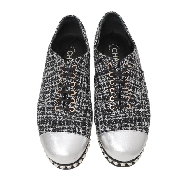 Chanel Black Silver Tweed Pearl Lace Up Oxford 37 Online