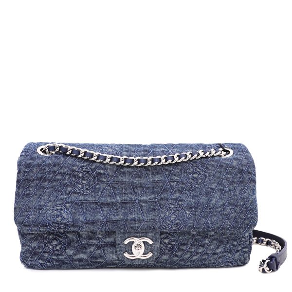 Chanel Blue Camellia Embroidered Distressed Denim Flap Bag Online Hot Sale