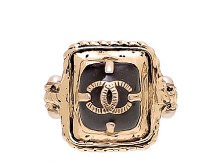 Chanel Black CC Enamel Rectangular Twist Ring For Discount