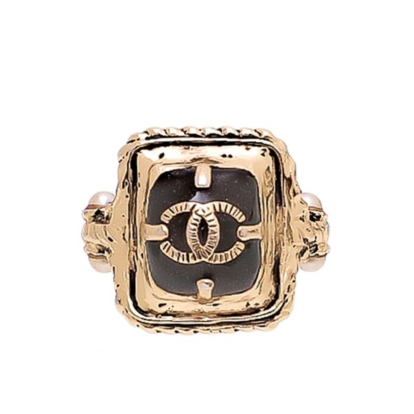 Chanel Black CC Enamel Rectangular Twist Ring For Discount