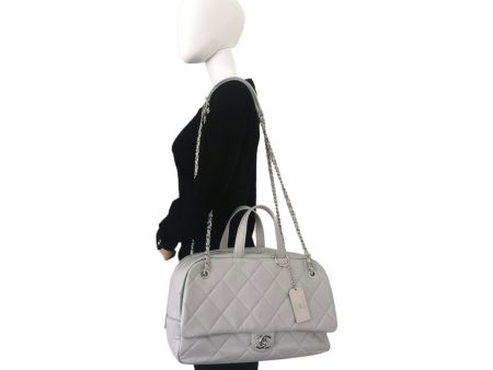 Chanel Bowling Bag Light Grey Calfskin Silver For Discount