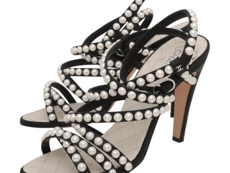 Chanel Bicolor Pearl Studded Strappy Ankle Strap Sandals 38 Online Sale