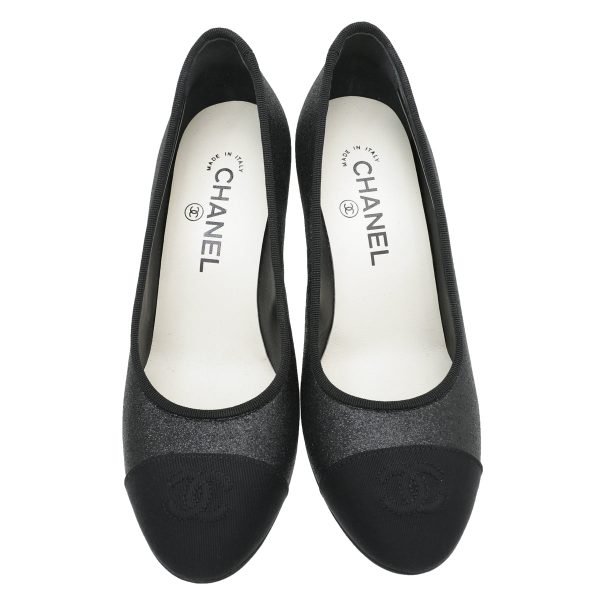 Chanel Black CC Glitter Grosgrain Cap Toe Logo Pumps 37 Online Hot Sale