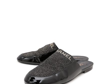 Chanel Black Glitter Fabric Logo Flat Mules 38.5 Online now