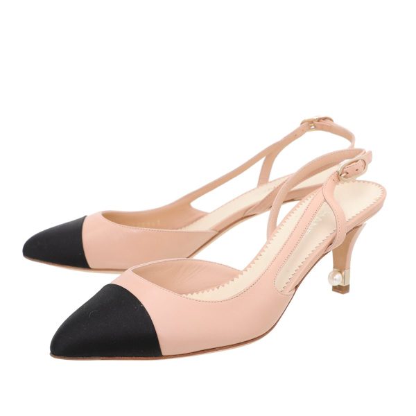 Chanel Bicolor CC Pearl Kitten Heel Slingback Pump 38.5 Hot on Sale