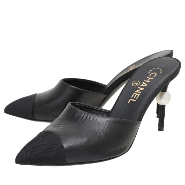 Chanel Black CC Cap Toe Runway Pearl Mules38 on Sale