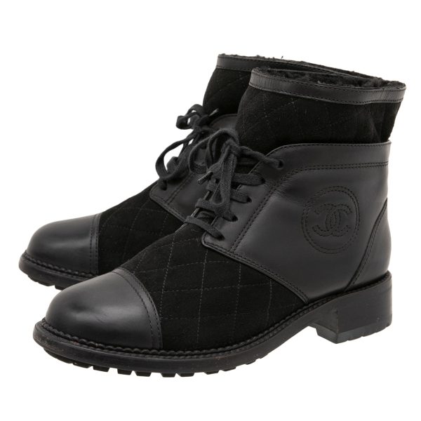 Chanel Black CC Suede Combat Boots 37.5 Online