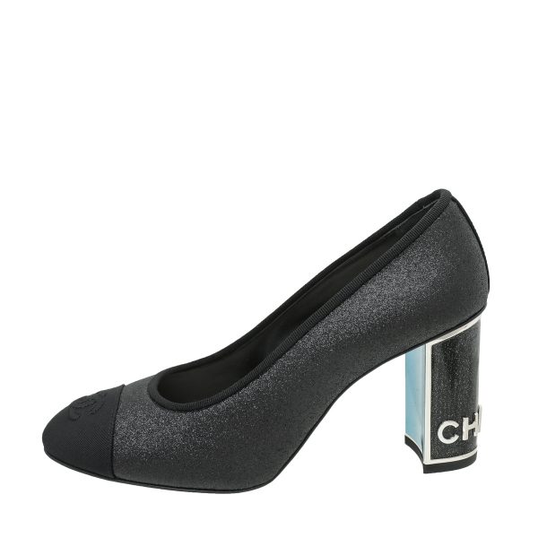 Chanel Black CC Glitter Grosgrain Cap Toe Logo Pumps 37 Online Hot Sale