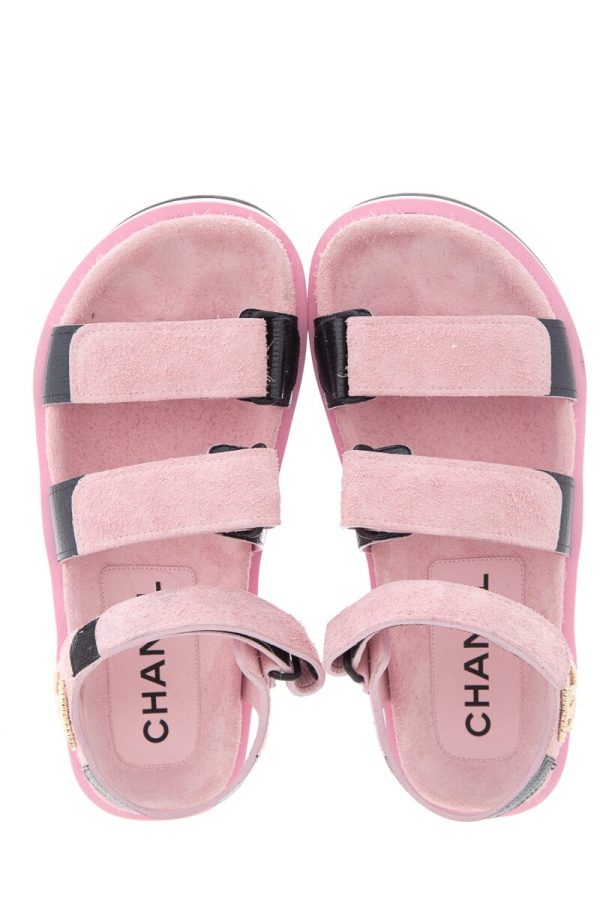 Chanel Pink Suede Calfskin Velcro Sandals SZ 37 Supply