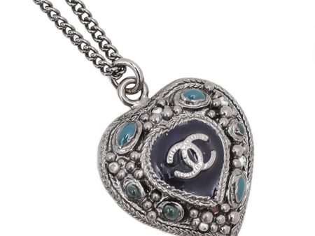 Chanel Blue CC Pearl Enamel Heart Pendant Necklace Online Hot Sale