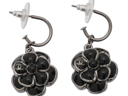 Chanel Black Enamel Camellia Hook Drop Earrings For Sale