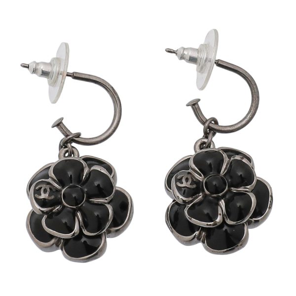 Chanel Black Enamel Camellia Hook Drop Earrings For Sale