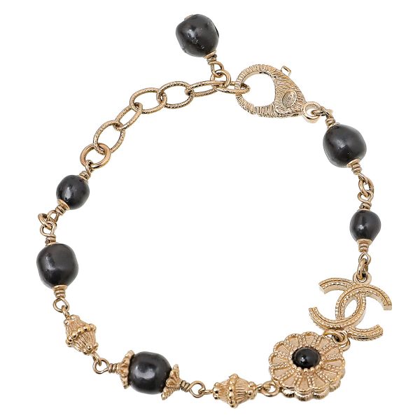 Chanel Black CC Flower Pearl Bracelet Hot on Sale