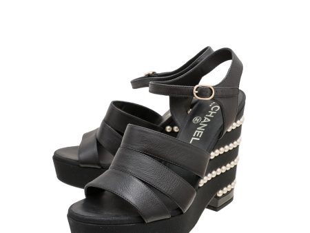 Chanel Black Pearl Wedge Strap Sandals 39 Discount