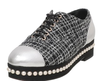 Chanel Black Silver Tweed Pearl Lace Up Oxford 37 Online