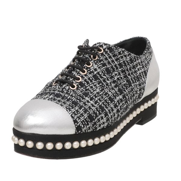 Chanel Black Silver Tweed Pearl Lace Up Oxford 37 Online