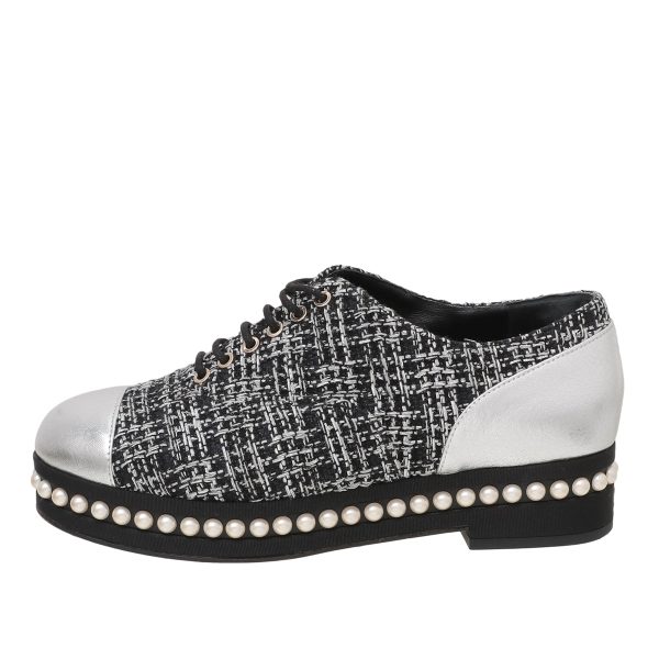 Chanel Black Silver Tweed Pearl Lace Up Oxford 37 Online