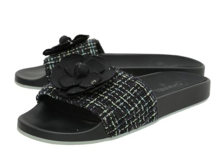 Chanel Black Tweed Grosgrain Camellia Mules 42 Online now