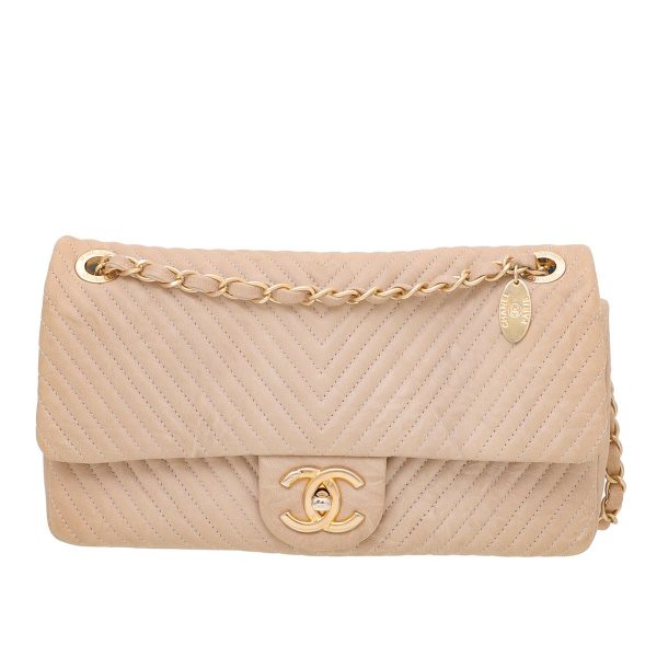 Chanel Beige CC Medallion Charm Chevron Flap Bag Supply