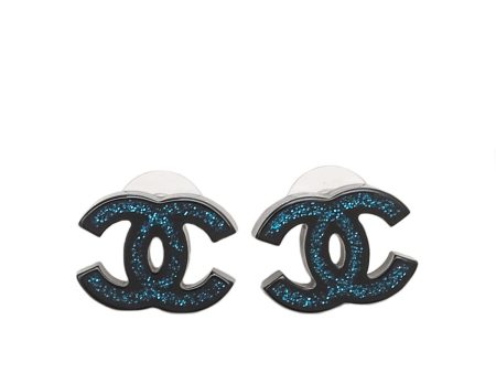 Chanel Bicolor CC Glitter Resin Stud Earrings For Sale