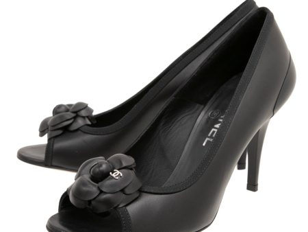 Chanel Black Camellia Peep Toe Pumps 38 For Cheap