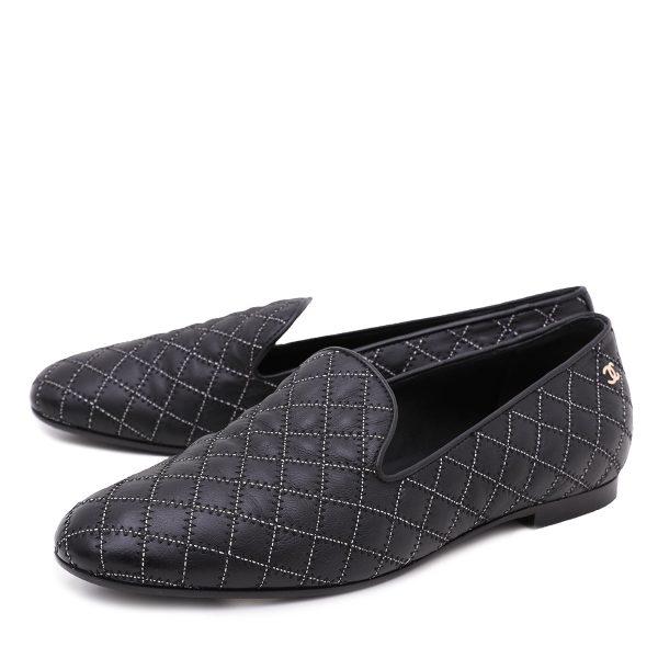 Chanel Black Zigzag & Contrast Diamond Moccasin Loafers 39 Online Hot Sale