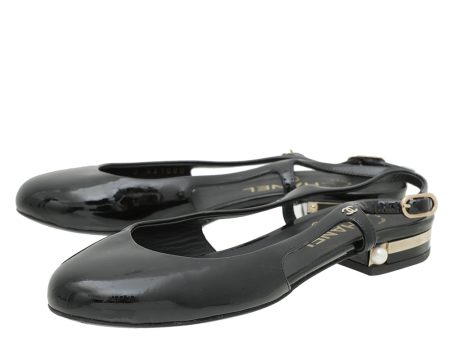 Chanel Black Round Toe Pearl Detail Flat Slingback 36 on Sale