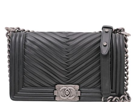 Chanel Black Chevron Pleated Boy Bag Online now