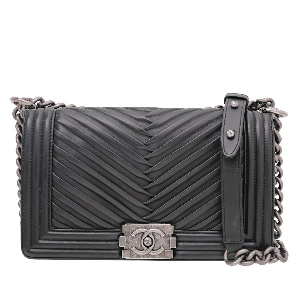 Chanel Black Chevron Pleated Boy Bag Online now