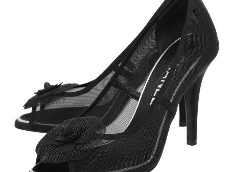 Chanel Black Mesh CC Camellia Peep Toe Pumps 36.5 on Sale