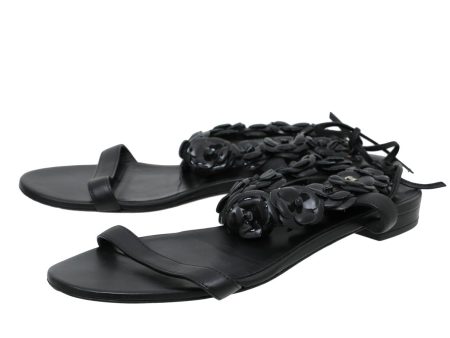 Chanel Black Camellia Ankle Strap Flat Sandals 39 Supply