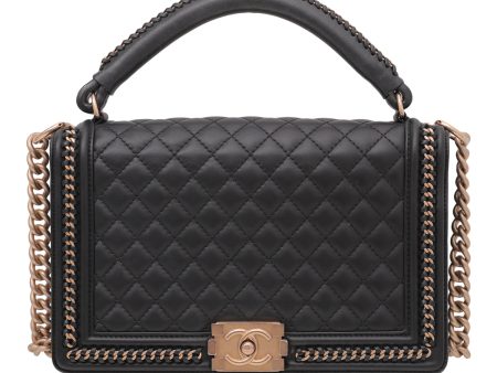 Chanel Black Chain Lined Top Handle Boy Bag For Sale