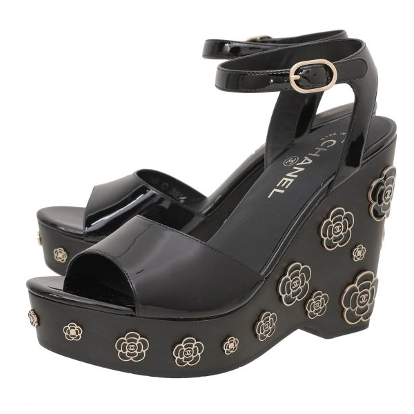 Chanel Black Camellia Party Wedge Sandals 38.5 For Discount